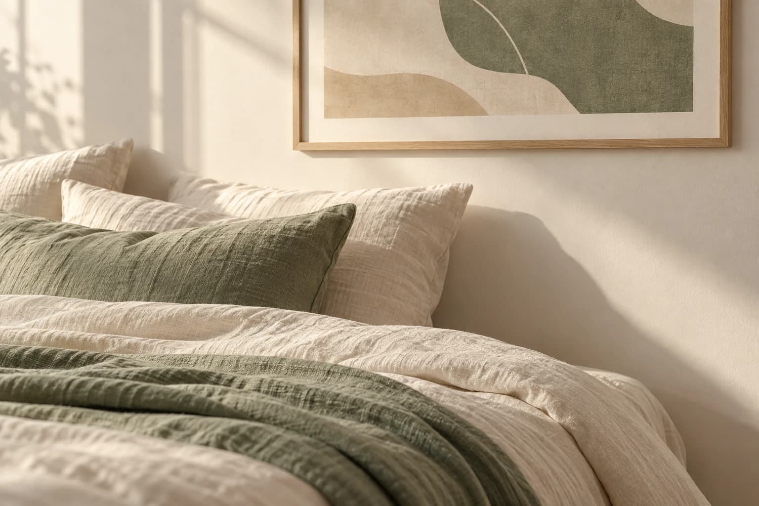 Bed with cream linen bedding and a sage green throw below an abstract poster in the same green tone