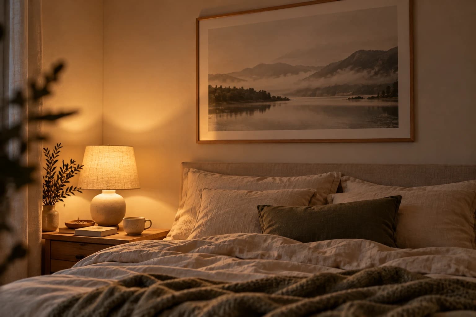 Bedroom in the evening with a landscape poster above the bed, lit by a bedside lamp without glare