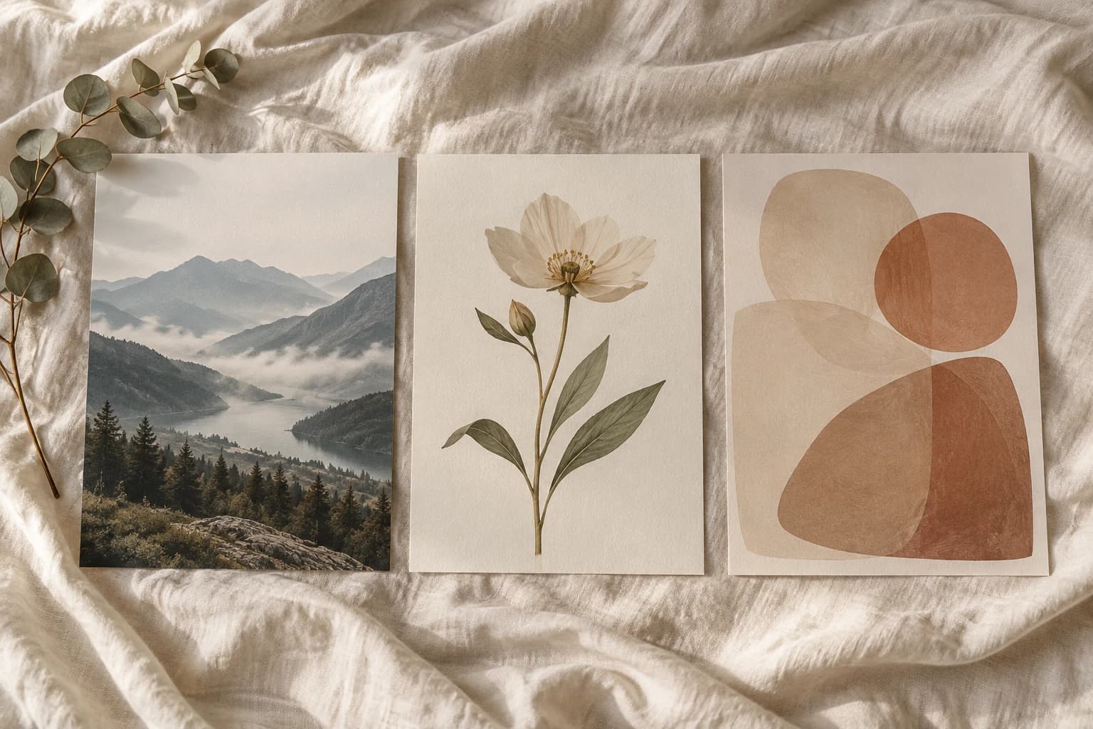 Three posters on linen bedding: a misty mountain landscape, a single flower and soft abstract shapes