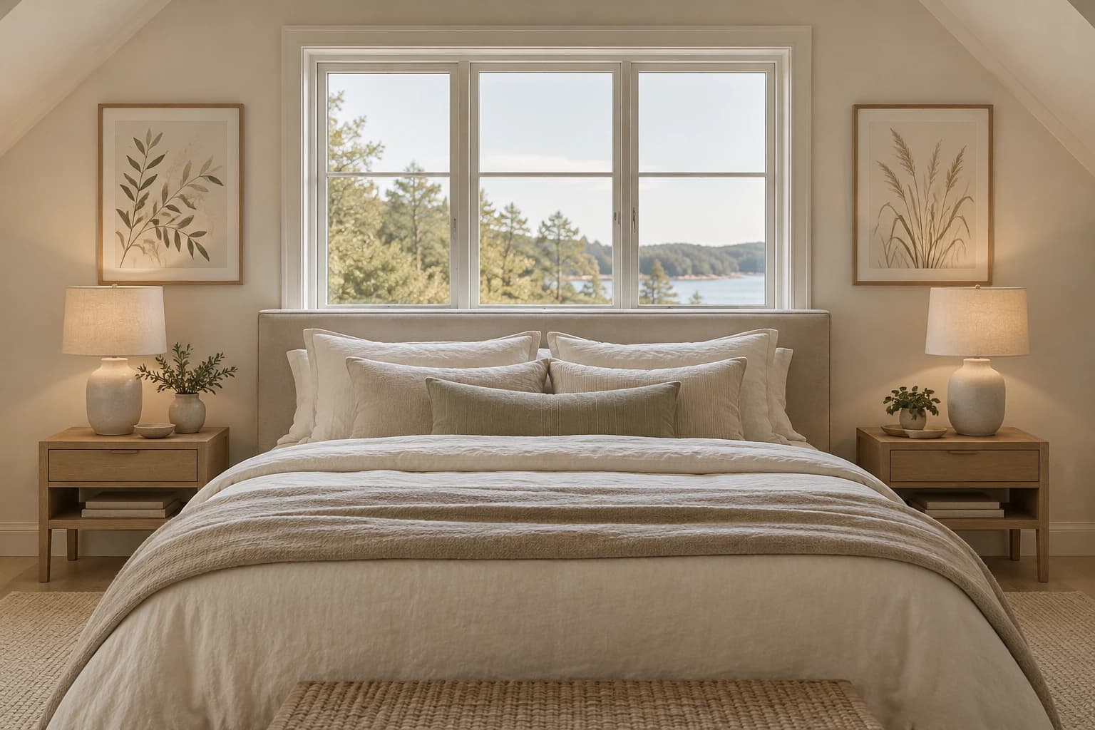 Two matching botanical posters in oak frames, one above each bedside table, either side of a window over the bed