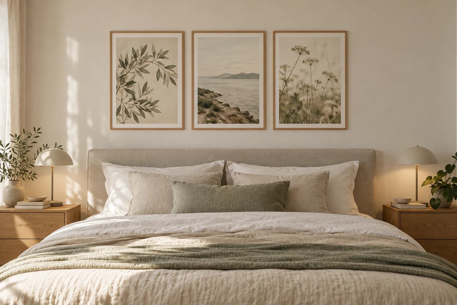 Three posters of the same size in oak frames hung in a row above a double bed