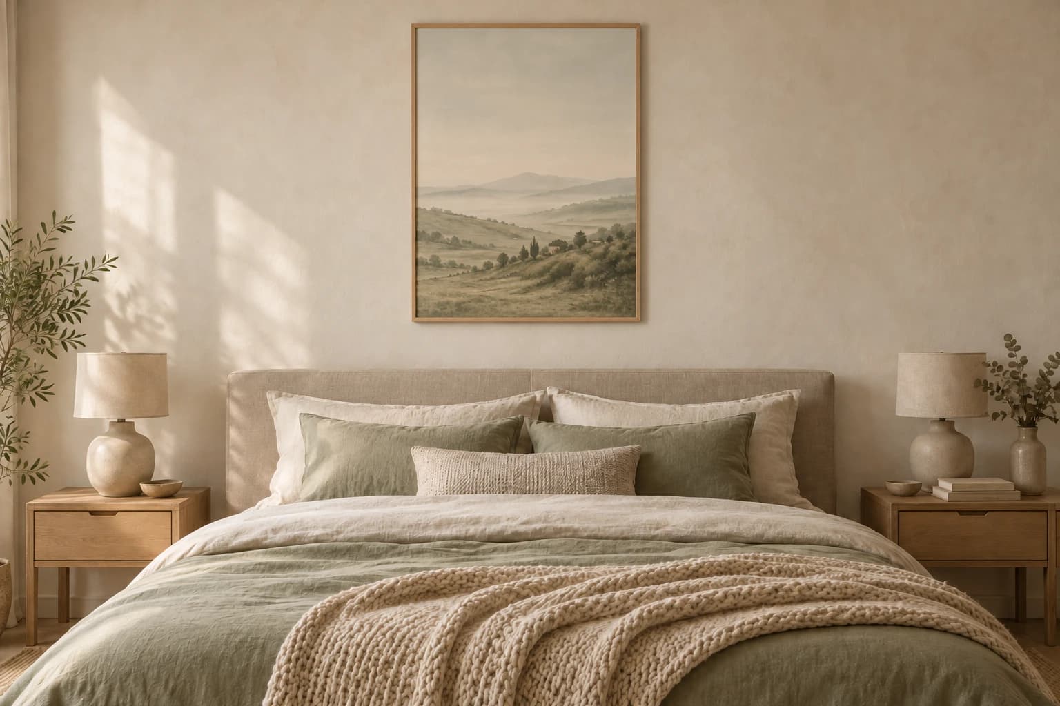 Calm bedroom in beige and sage green with a landscape poster in an oak frame above the bed