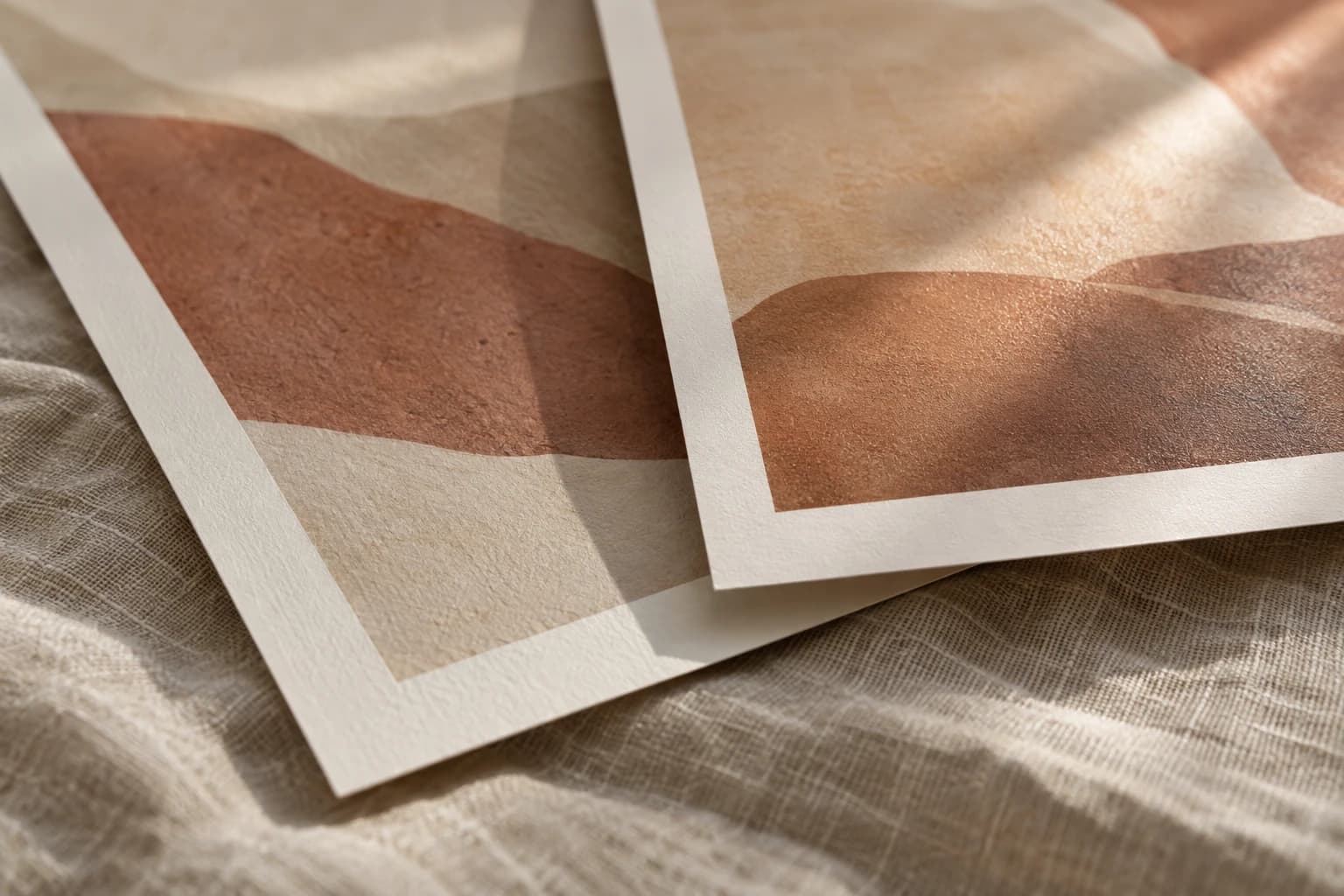 Close-up of two earth-toned posters showing the paper texture and edges