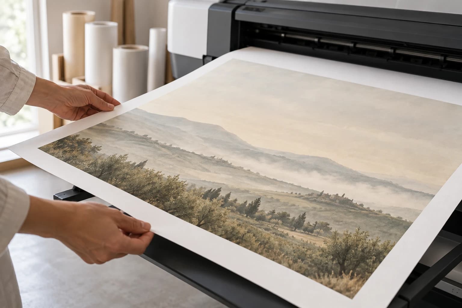 A freshly printed landscape poster being lifted out of a large-format printer