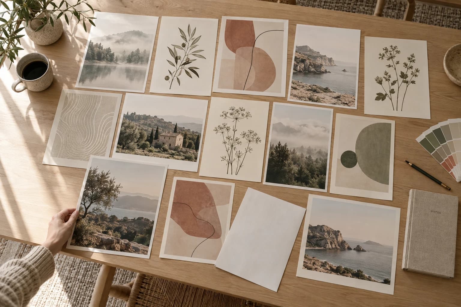 Posters with landscapes, botanicals and abstract shapes laid out on an oak table while they are being selected